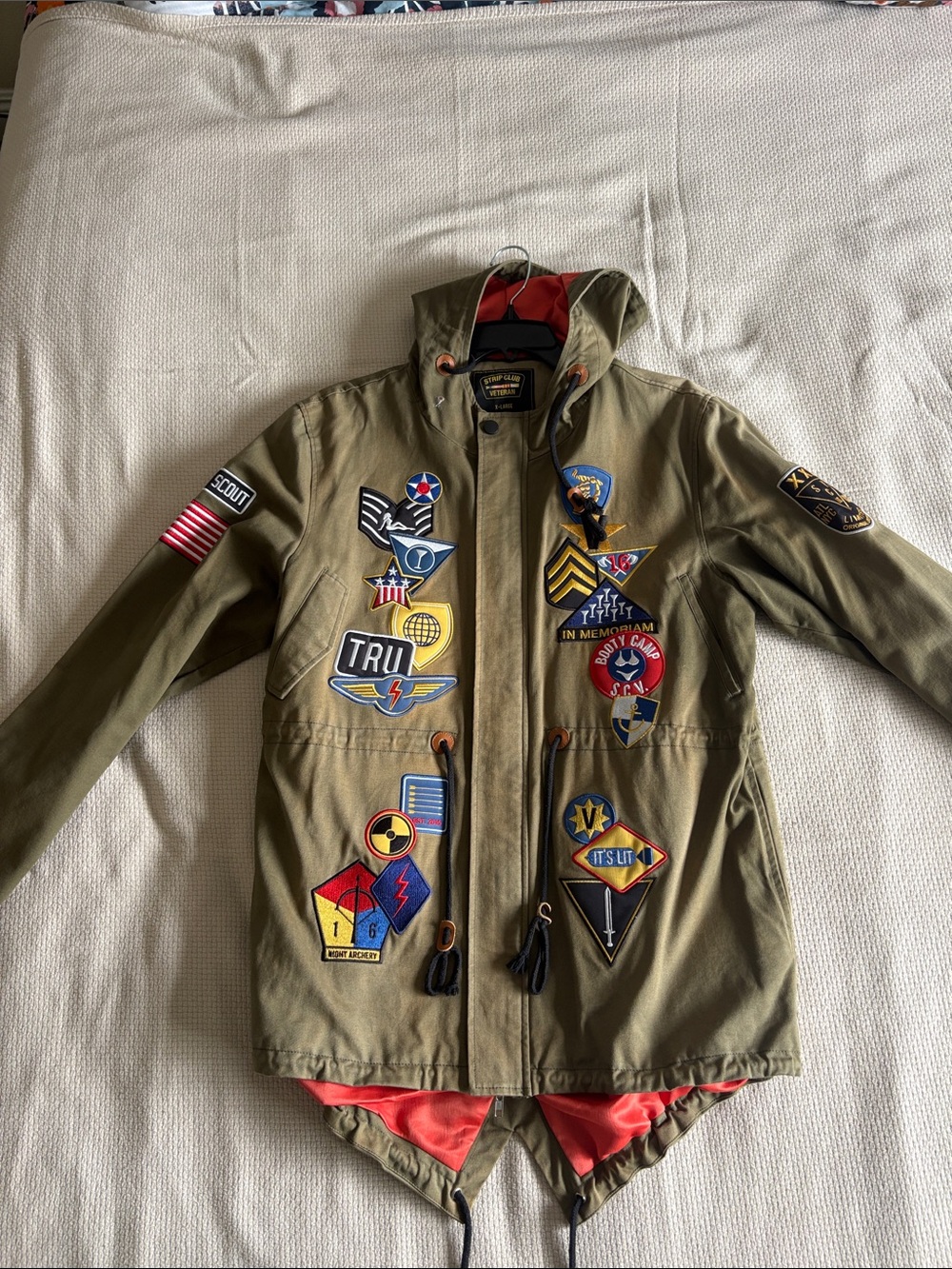 Olive Green Patchwork Parka Jacket with Hood